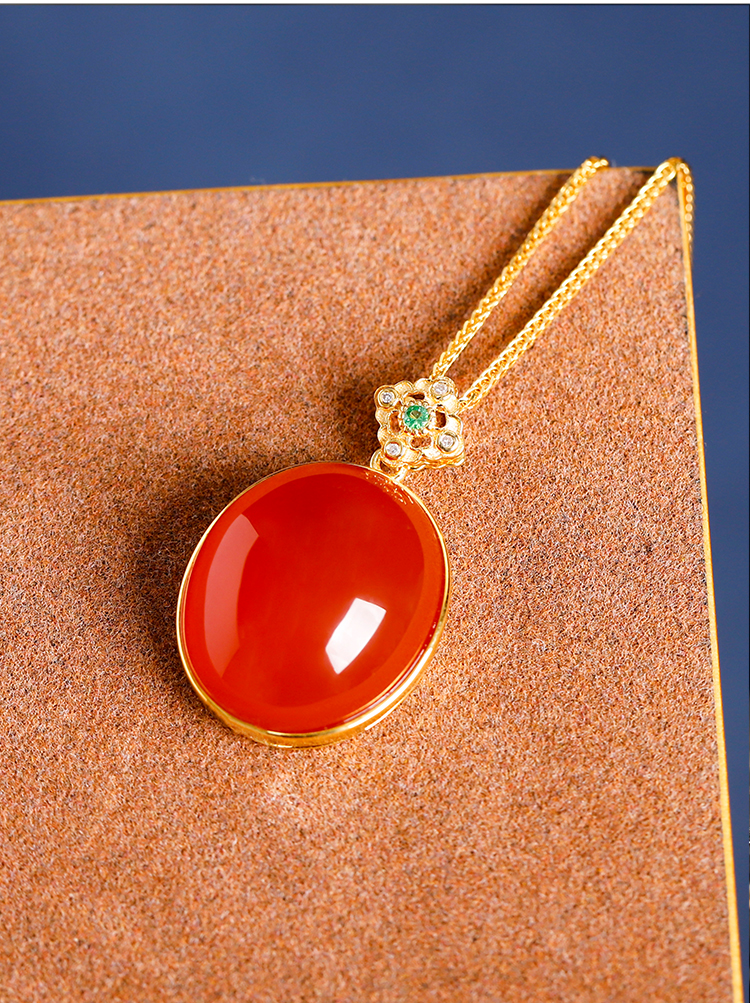 沃韵18k保山冰红吊坠南红玛瑙椭圆蛋面冰透水润起荧光中号约1318mm