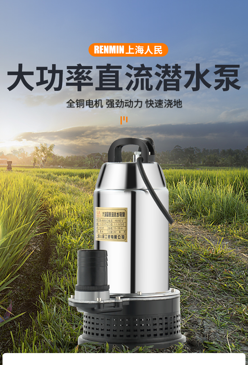 上海人民12v24v48v60v72v直流潜水泵抽水泵家用农用刷车48v800瓦10米