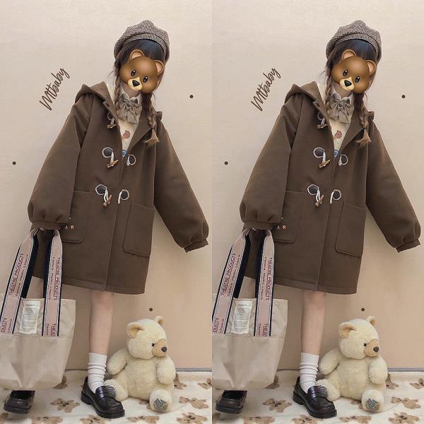 贤语学院风日系可爱呢子大衣中长款牛角扣学生毛呢jk外套驼色冬装上衣