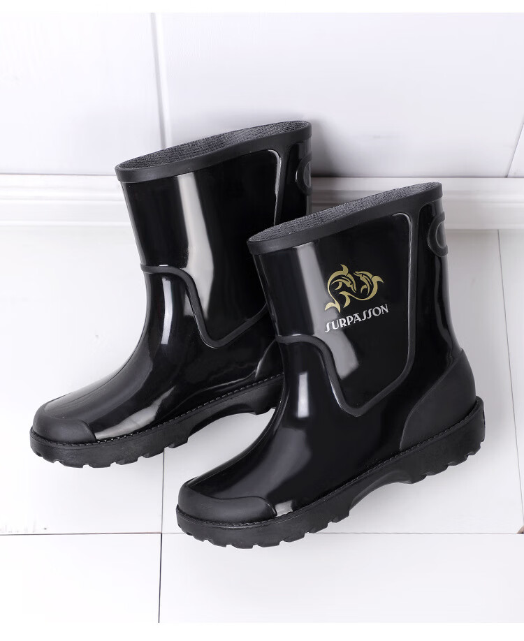 爱韬厨房防水防滑雨鞋男中筒平底黑色高帮胶靴水鞋鞋雨靴胶鞋黑色39