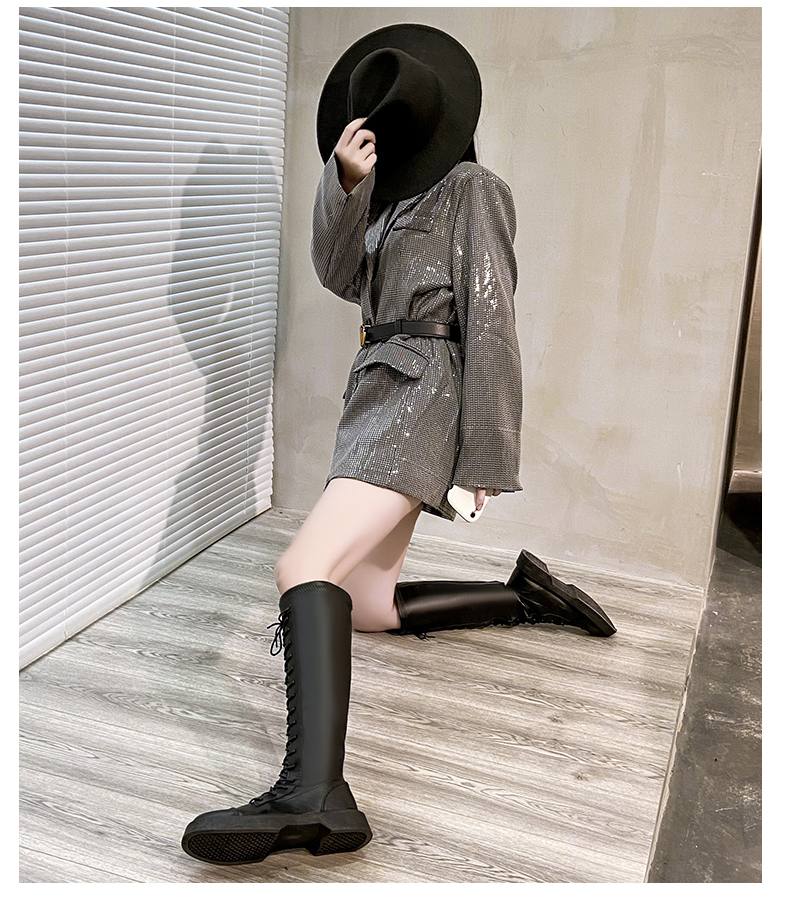 靴女腿粗矮个子有鞋带系带中靴女春秋厚底不过膝长靴女马丁靴女显瘦