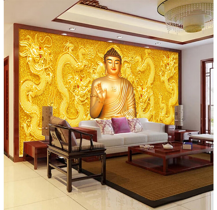 佛堂贴纸释迦摩尼佛教墙贴纸佛系寺庙佛堂背景墙纸5d如来佛像壁画3d