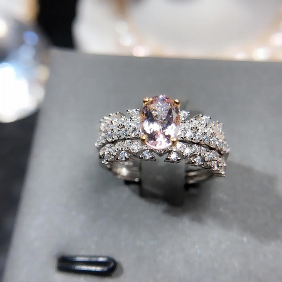 饰之秀宝石戒指 925镶嵌粉摩根石戒子 三戴款 个定制十八 粉摩根石