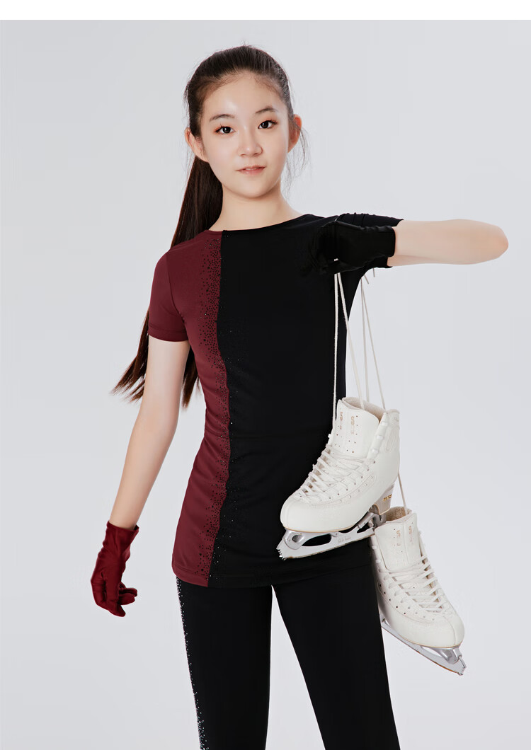 l家花样滑冰训练服连衣裙超短裙超弹表演服儿童女瑜伽体操服 上衣白