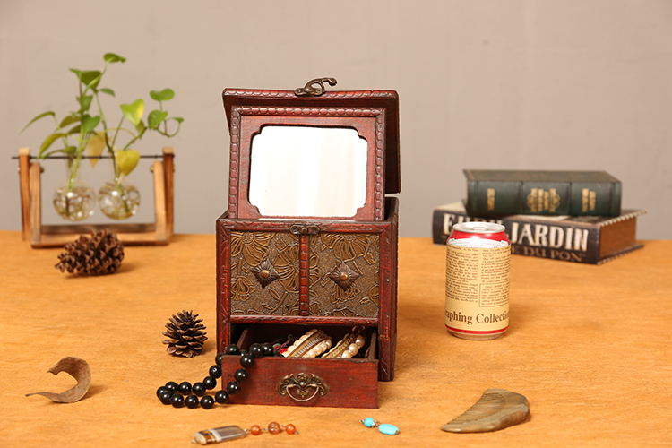 大容量妆奁古风带镜子古风梳妆匣化妆盒结婚戒指项链首饰盒带镜子多层