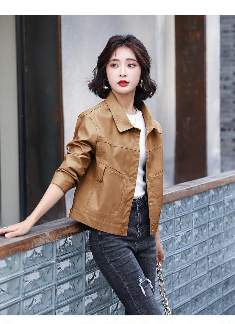 新款女装短外套2022春秋皮机车欧美翻领气质小个子休闲咖色短款小皮衣