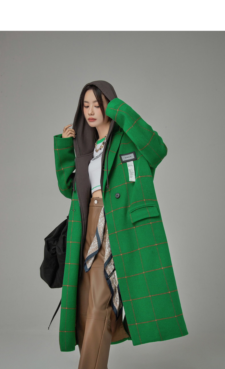 chuu绿格毛呢外套女冬季新款中长款时尚潮牌呢子大衣noe系列绿格均码