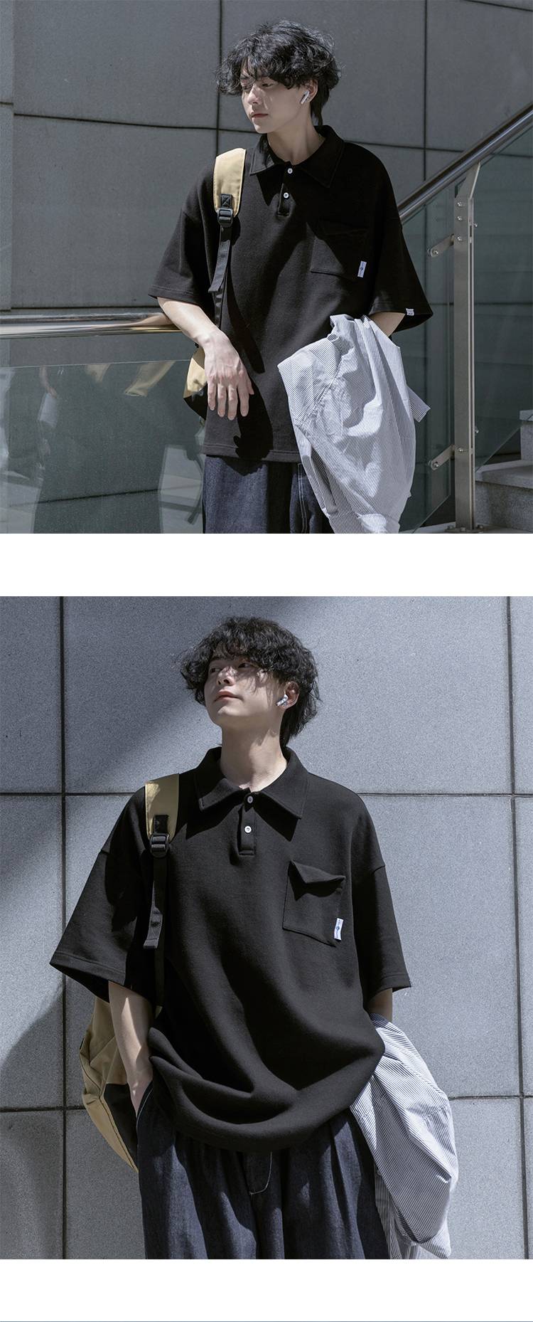 棒球服polo衫男学院风棒球服polo衬衫男日系cityboy翻领t恤潮牌重磅