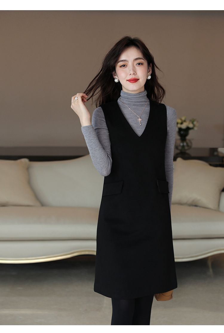 优雅时髦穿搭毛呢背心裙女冬新款中长款气质百搭显瘦连衣裙黑色2xl130