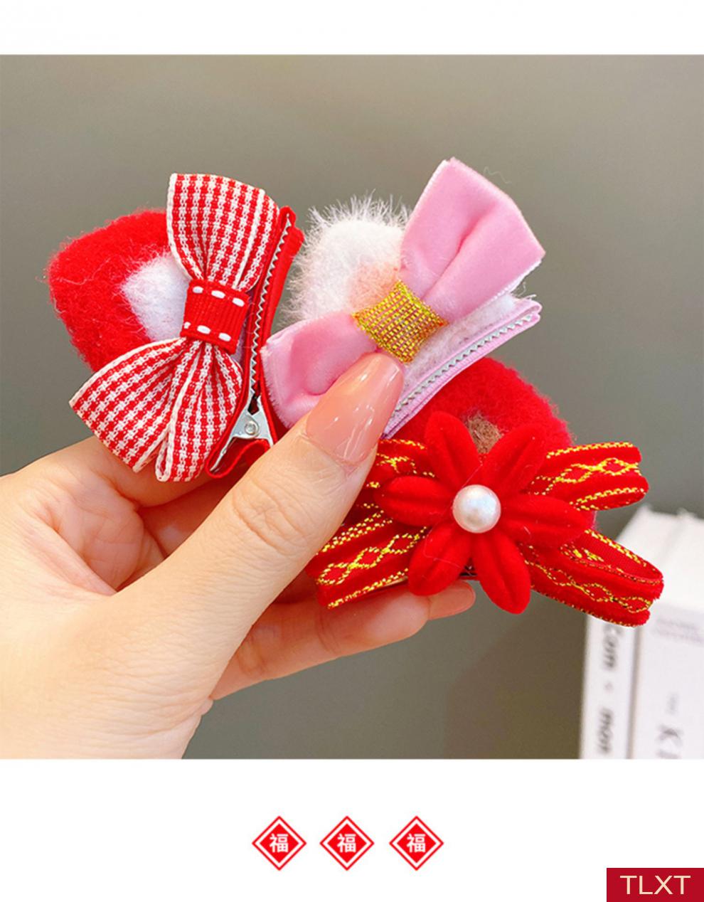 tlxt新年红色可爱猫耳朵发夹流苏发卡儿童女童宝宝过年拜年服发饰头饰