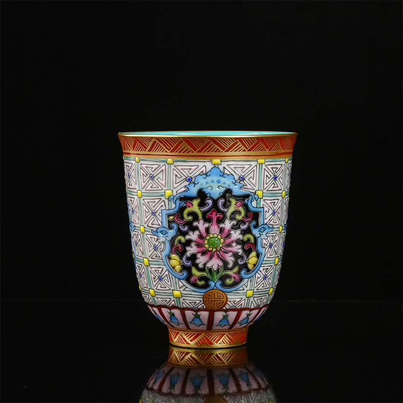 几何图案单杯景德镇全手工手绘陶瓷茶具品茗杯主人杯子 珐琅彩开窗杯