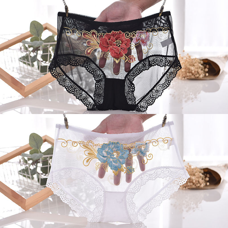 【甄选】2/4条装性感情调蕾丝刺绣大码内裤女透明网纱火辣诱惑三角裤