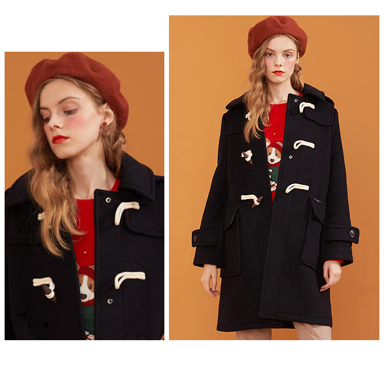 反季清货eland衣恋秋冬款简约休闲女角扣宽松毛呢外套卡其色165m