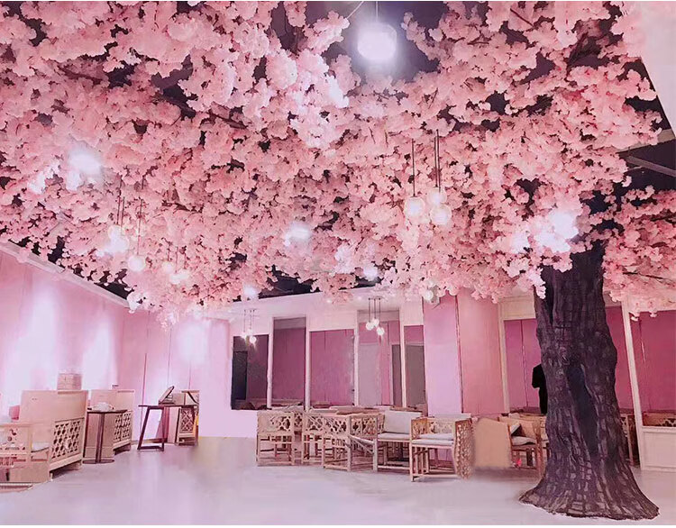 网红店金店珠宝店背景墙面装饰仿真樱花树室内吊顶塑料假花藤条定制浅