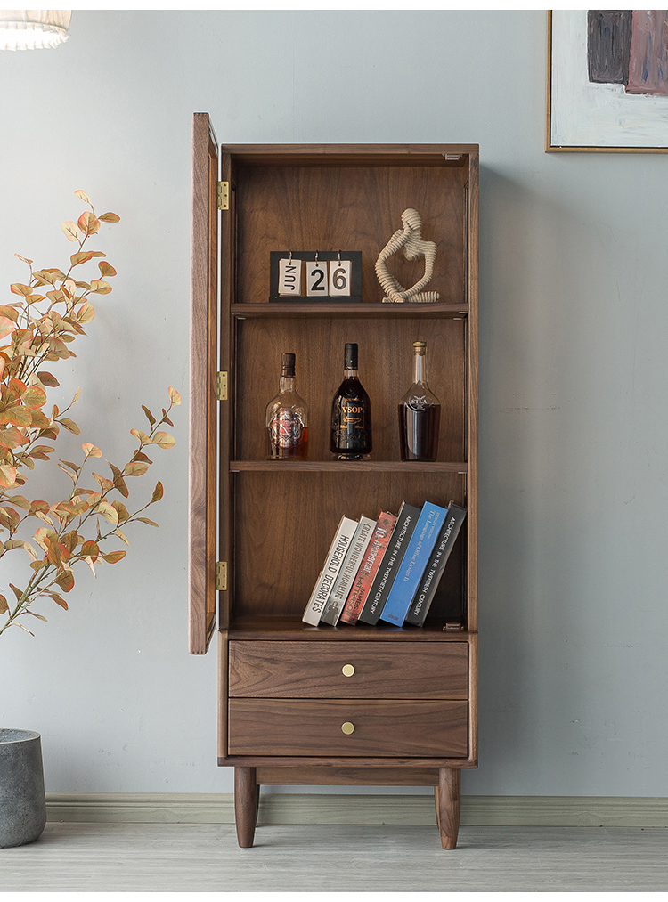 及木森品北欧实木书柜简约现代黑胡桃玻璃门收纳柜日式客厅展示柜电视