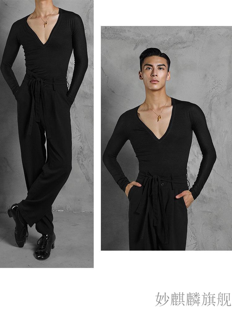 zym拉丁舞服男zym20609男士国标舞拉丁舞练功服舞蹈v领紧身上衣表演服