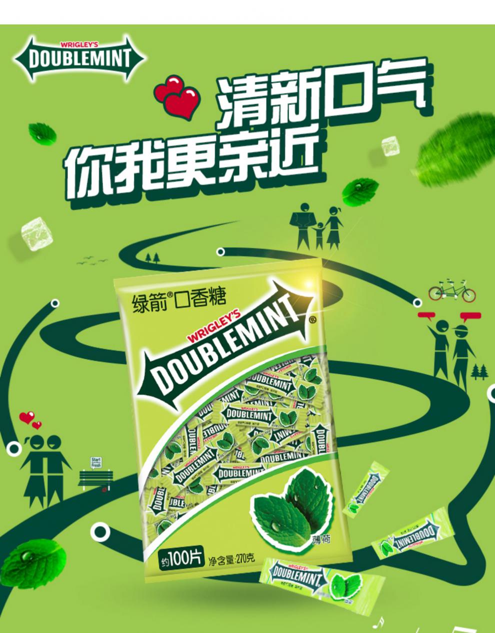 绿箭口香糖100片箭牌薄荷糖接吻口腔清口气糖果零食泡泡糖 (口香糖)