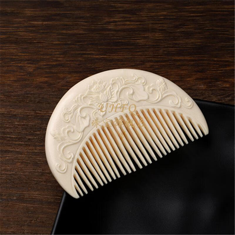 uhfq猛犸象牙梳子纯手工雕刻牡丹满纹冰料女士摆件家居饰品规格90x48x
