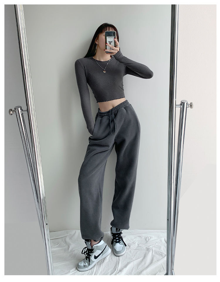 60秋休闲裤女加绒加厚欧美宽松显瘦抽绳束脚裤女秋冬运动裤潮高腰