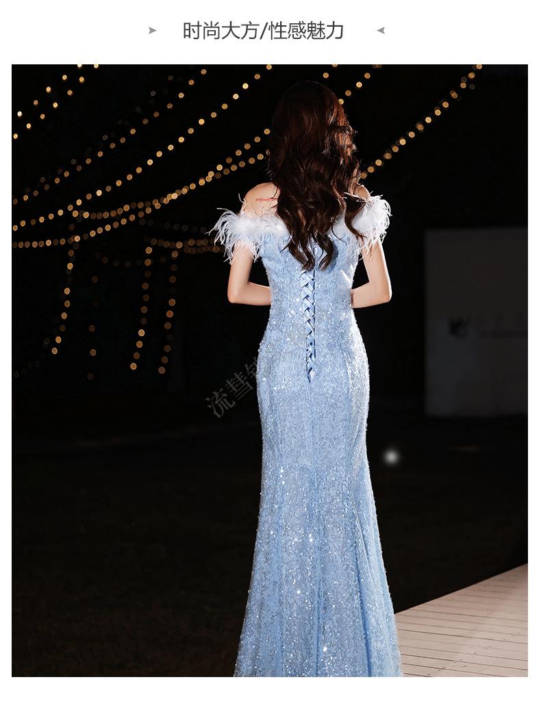 主持人气质名媛一字肩鱼尾裙年会礼服简约时髦蓝色小众气质晚礼服女xs