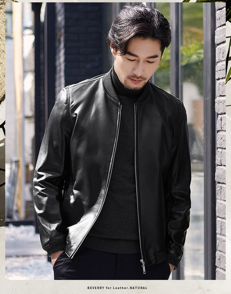 真正皮皮衣男修身韩版潮流青年飞行皮夹克海宁绵羊皮棒球领黑色款式