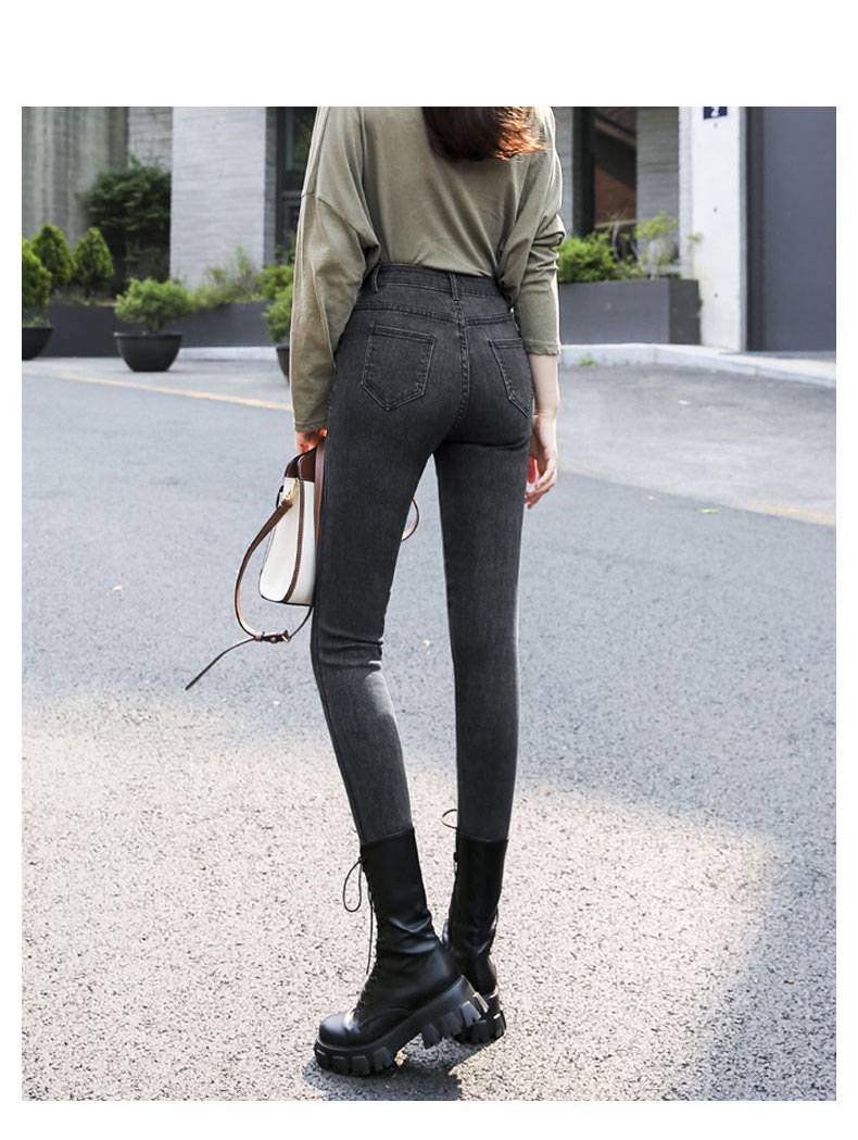 浪莎高腰牛仔裤女紧身弹力显瘦烟灰色小脚铅笔秋冬季加女式冬款保暖
