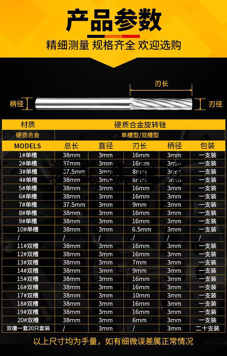 硬质合金旋转锉钨钢磨头铣刀金属打磨头雕刻木工电动超硬3mm套装 11号