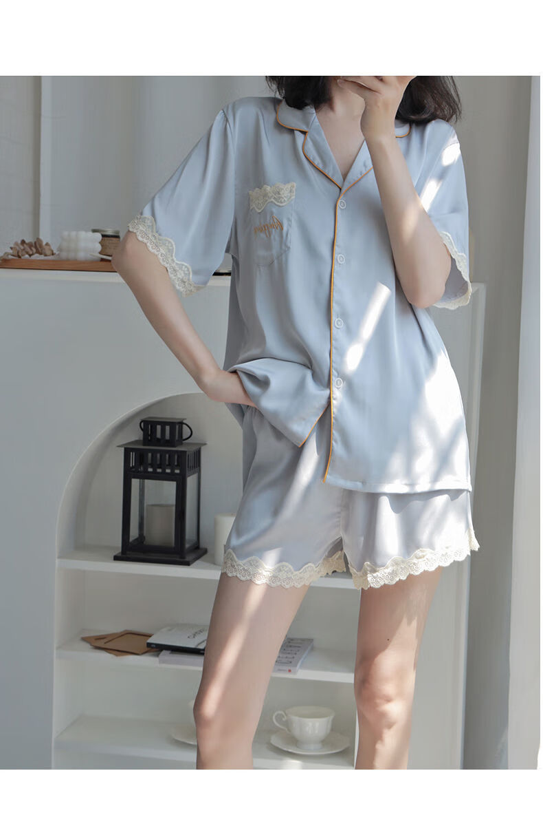 浪漫春天睡衣女夏季薄款短袖可外穿蕾丝花边仿真丝绸高级感家居服优雅