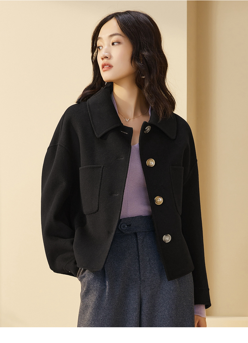 紫淑呢子大衣女短款2021年秋冬新款双面羊绒毛呢黑色外套小个子黑色xs