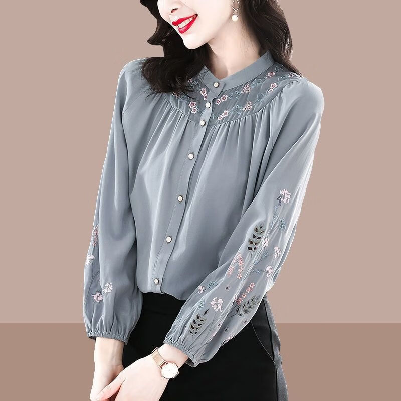 嘉姿傲高档轻奢品牌刺绣真丝衬衫女2022春秋新款长袖衬衣宽松显瘦小众