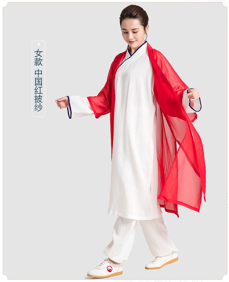 太极服披纱武当山太极服披纱斜襟太极服白色表演服长款道袍女三件套