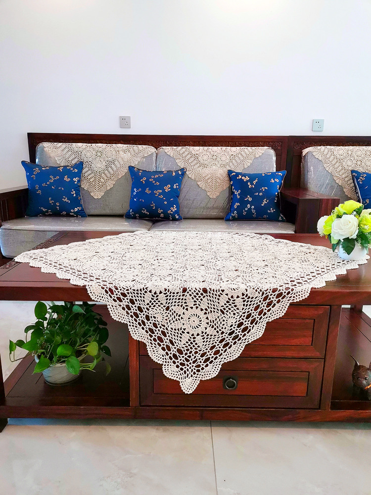 手工钩针钩花桌布如意纯新款沙发巾 编织镂空布艺 盖巾电视罩 米色 40