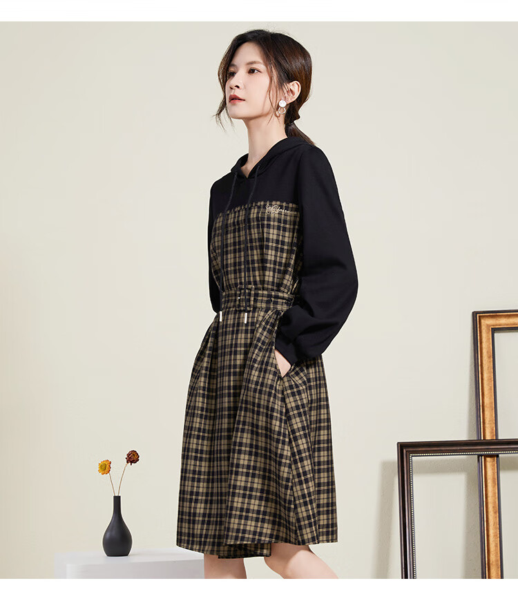 熙然秋新款气质复古灯笼袖撞色拼接连帽格子卫衣连衣裙女黑色s
