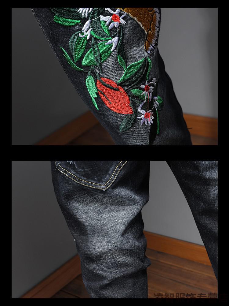 牛仔裤男土春季修身小脚春秋款花纹龙图案带绣花的牛裤子蓝黑870928