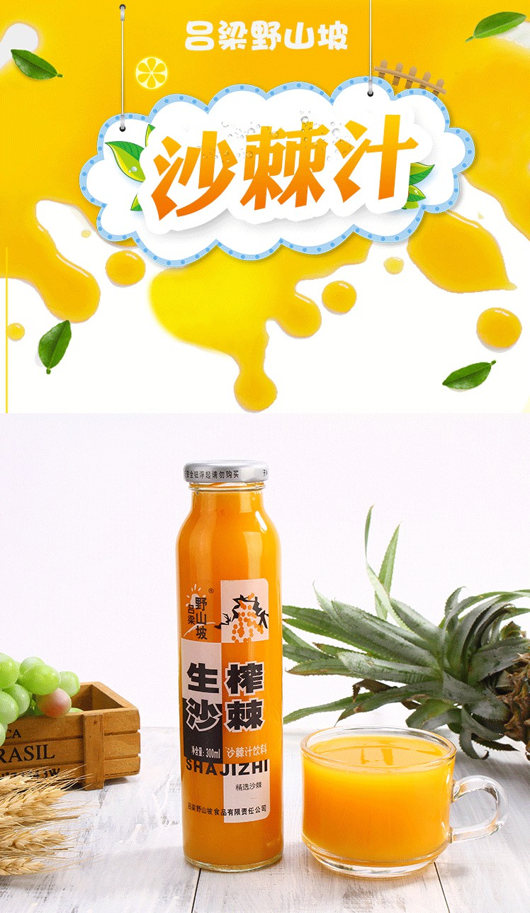 山西特产吕梁沙棘汁饮料整箱300ml生榨果汁原浆玻璃瓶16瓶装
