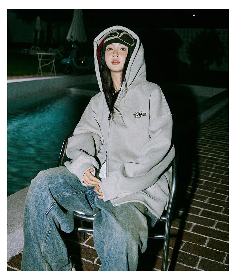 LEMANISM Men's Zip-Up Hoodie Jacket, Heavyweight Zipper Hooded Top, Loose-Fitting Couple's Autumn Sportswear, Trendy Brand, Light Gray, Size S 31