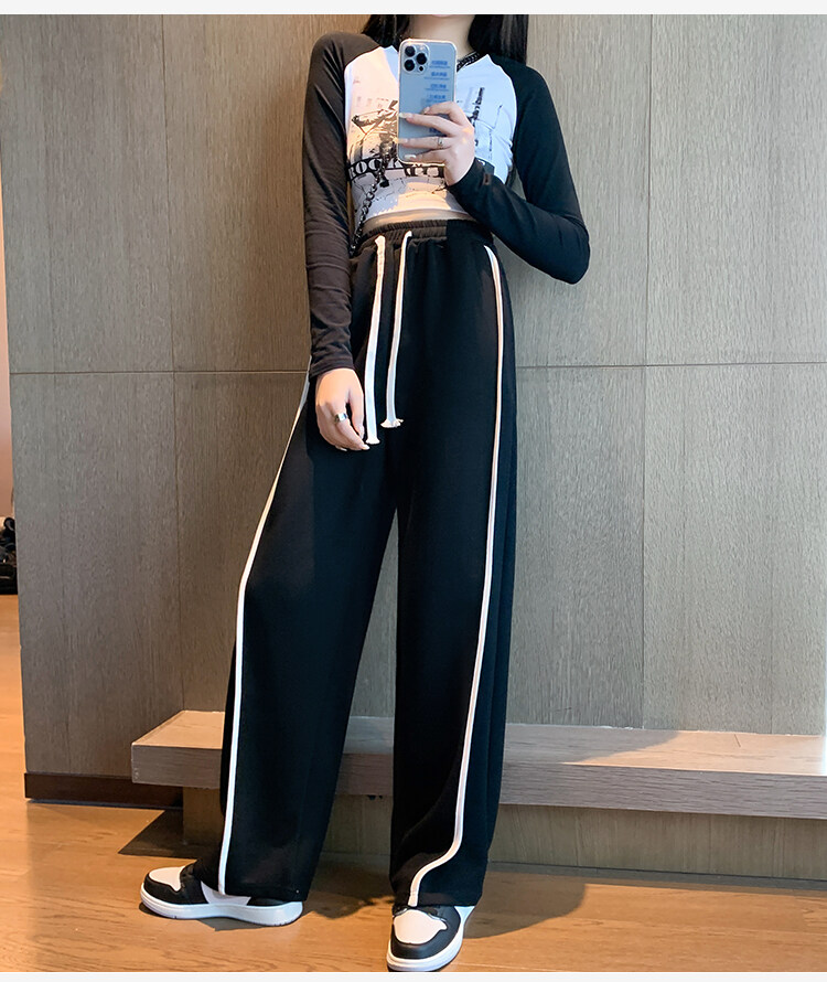 运动裤女春秋款直筒宽松百搭高街条纹拼接阔腿休闲卫裤官方舰店浅灰色