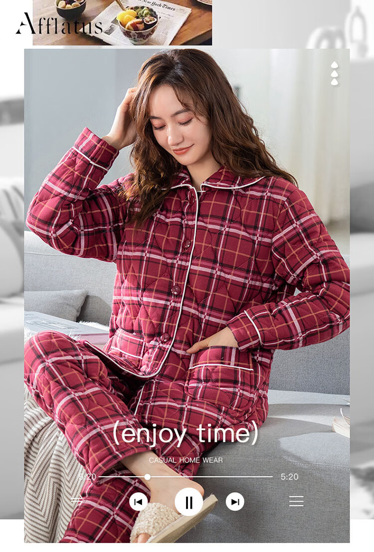 尚好芷优品睡衣冬季加绒加厚奶奶睡衣睡衣女冬季加厚三层保暖棉夹棉中