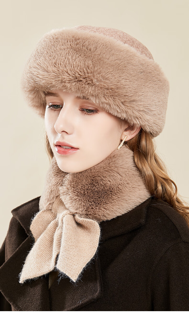 恒源祥帽子女秋冬天时尚百搭保暖羊毛帽冬季加绒加厚围巾帽子套装黑色