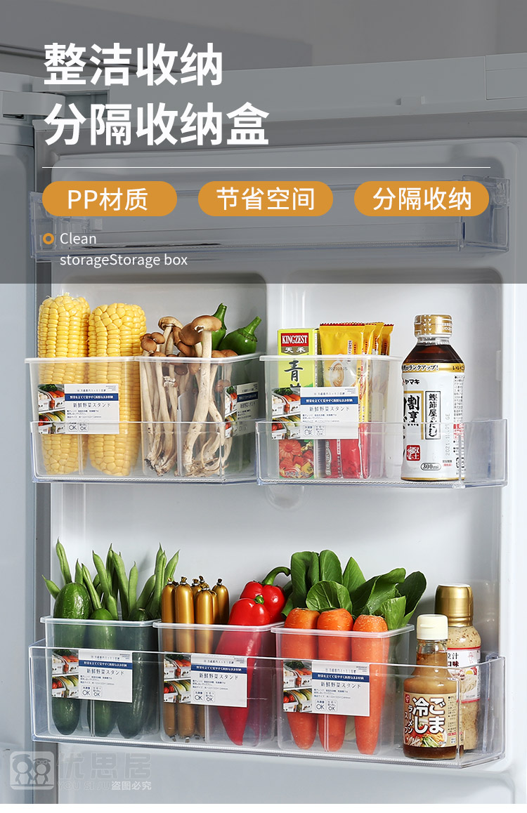 冰箱侧门收纳盒家用厨房分隔色拉酱芥末酱食品保鲜盒整理盒透明色