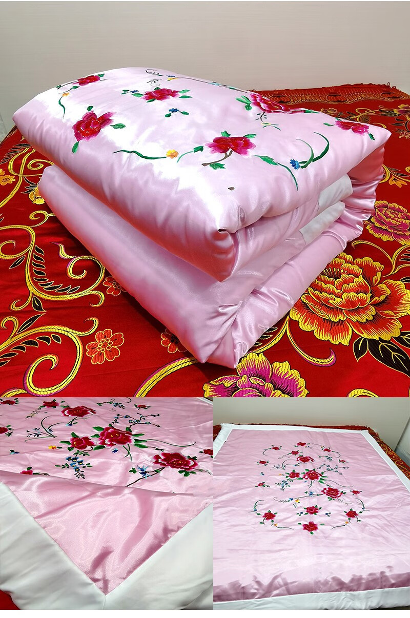 杭州绸缎被套含棉被芯老式包边被子结婚手工棉花传统丝绸喜被复古棉絮
