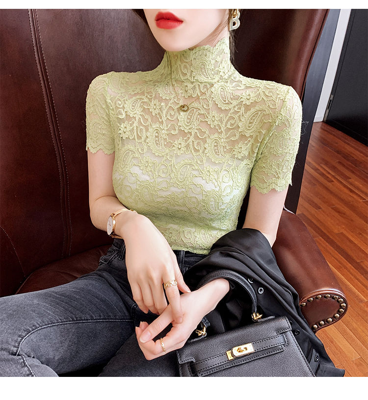 新品百搭蕾丝假领背心性感镂空蕾丝衫女短袖夏装显瘦洋气上衣百搭半高