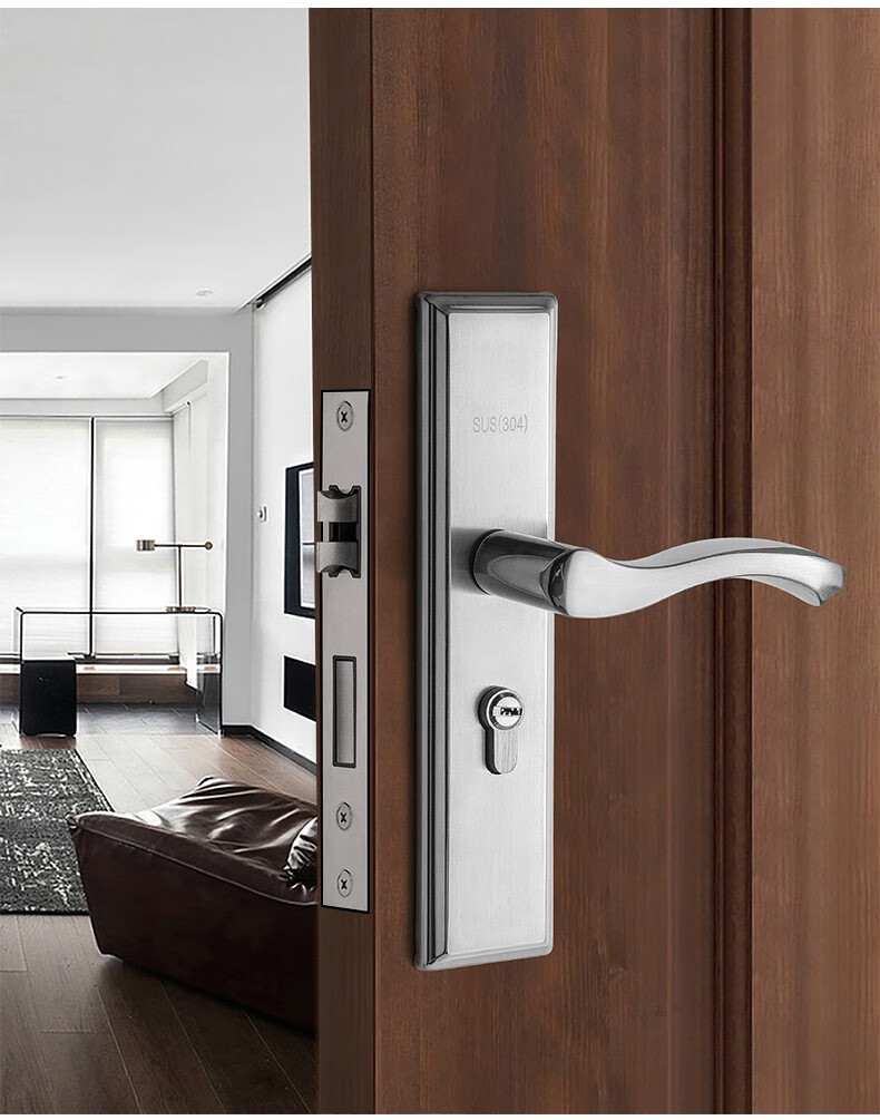 免改孔不锈钢木门机械锁房间门执手门把锁卧室静音门锁可调款弧形45