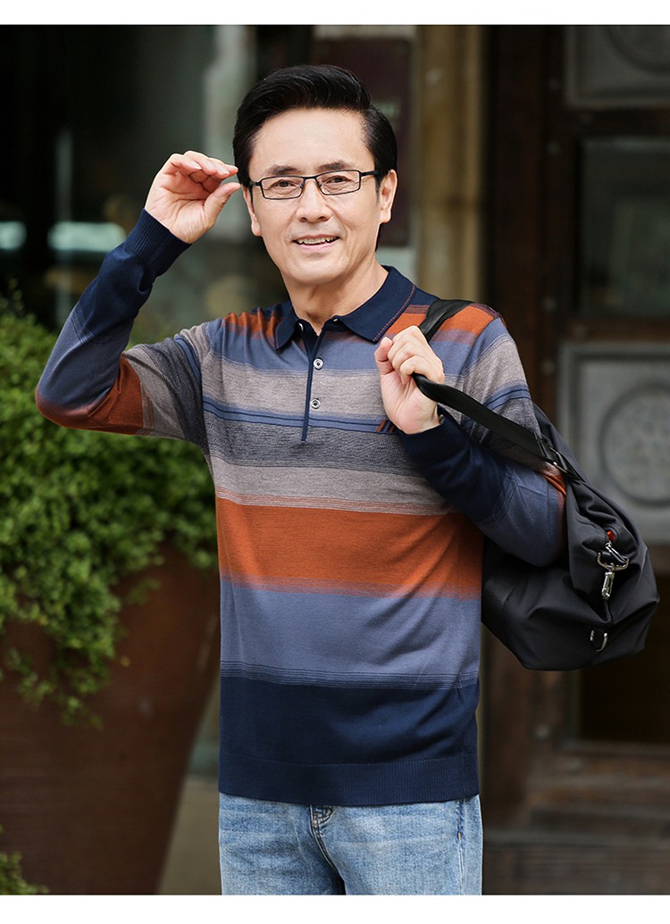 中老年长袖polo衫男中年春秋上衣薄款翻领中老年人爷爷polo衫 红色