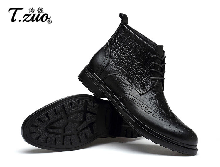 汉克红蚂蚁高帮男士皮鞋鳄鱼纹牛皮短靴系带靴子男英伦风商务皮靴中邦