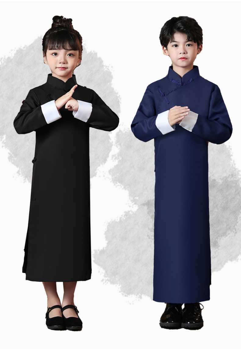 元旦表演服相声演出服装中式大褂长袍民国长衫说书人表演服湖蓝色110