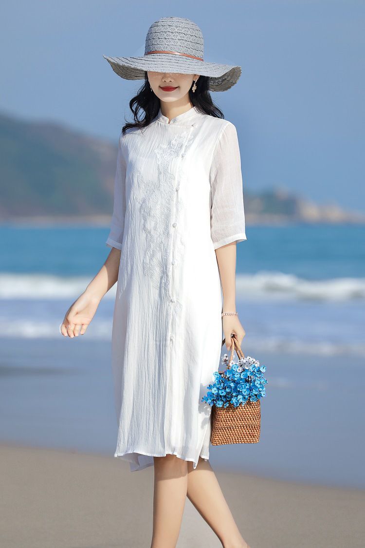 苎麻连衣裙女高端气质亚麻女装妈妈中式棉麻直筒白色有纯棉的内衬xs