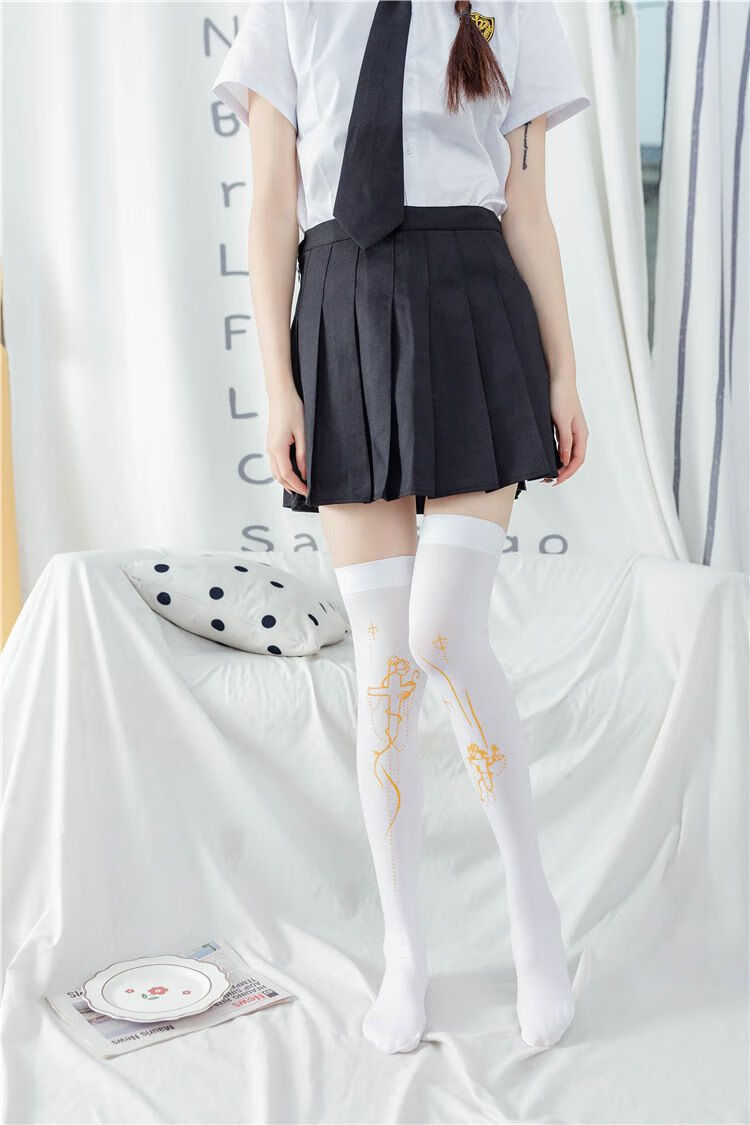 白丝袜日系lolita过膝袜夏季locos二次元长筒袜汉服学院风印花萝莉袜