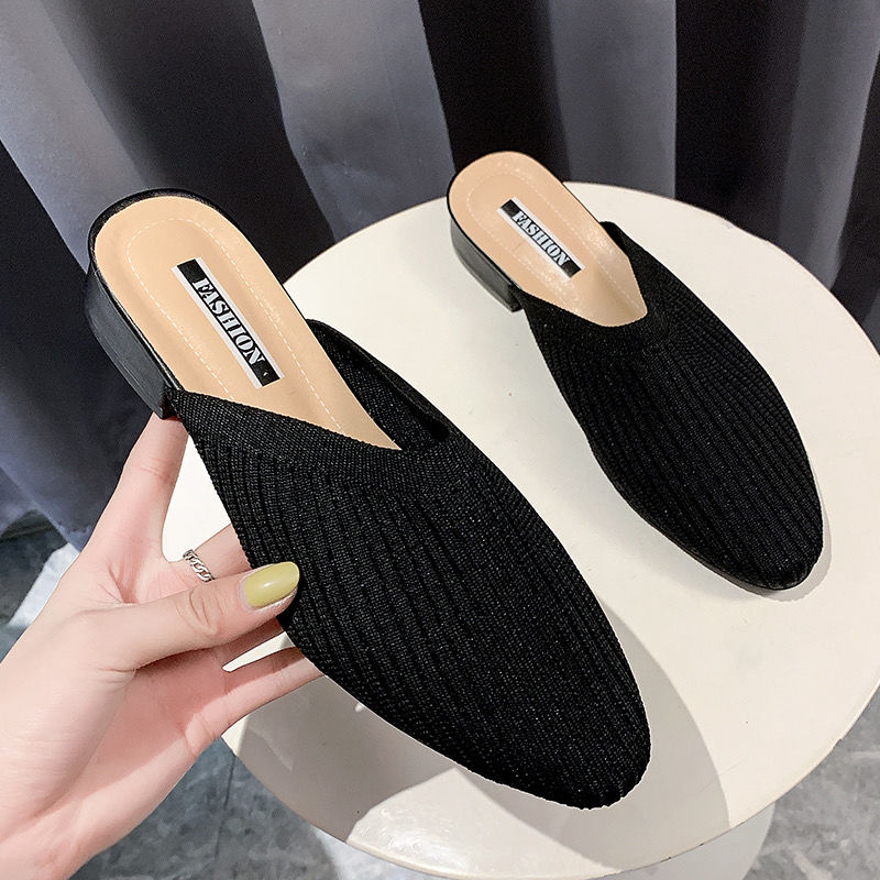 网红懒人包头半拖鞋女外穿夏新款针织粗跟时尚气质凉拖穆勒鞋黄色36