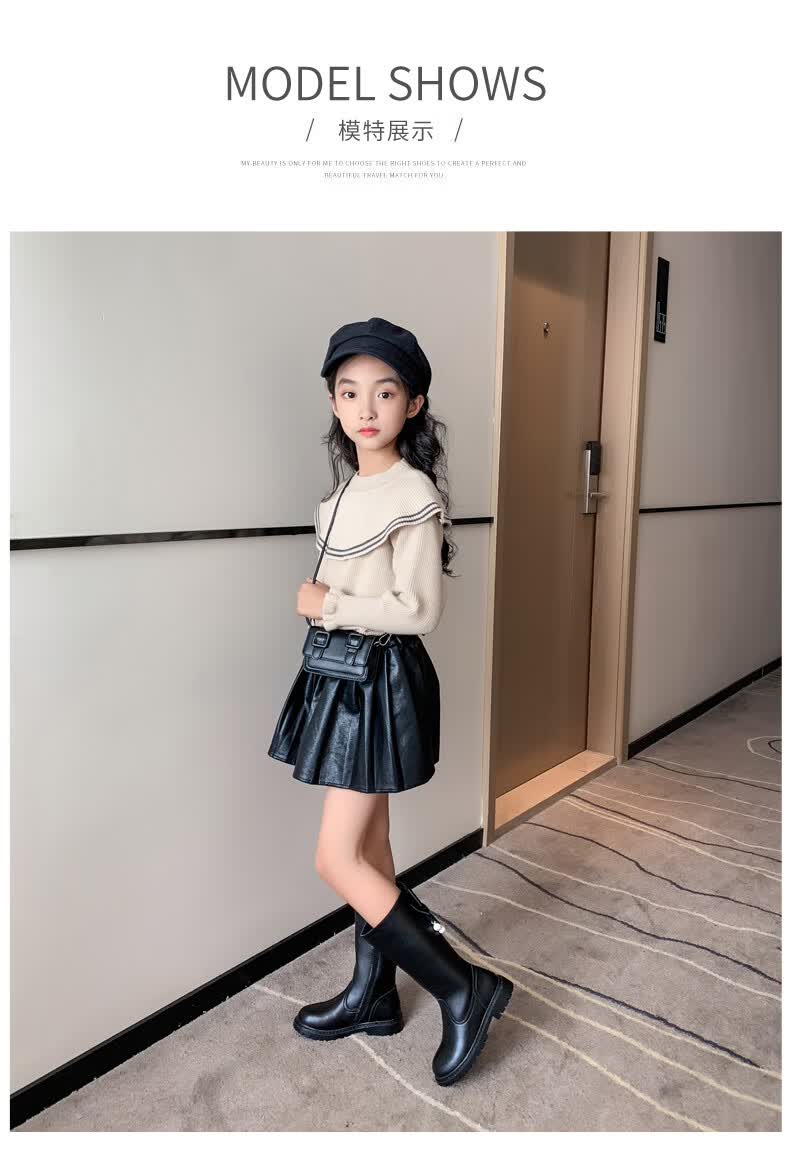 小学生女生冬季高筒靴子女孩长筒靴小皮靴可爱蝴蝶结长筒靴儿童长靴